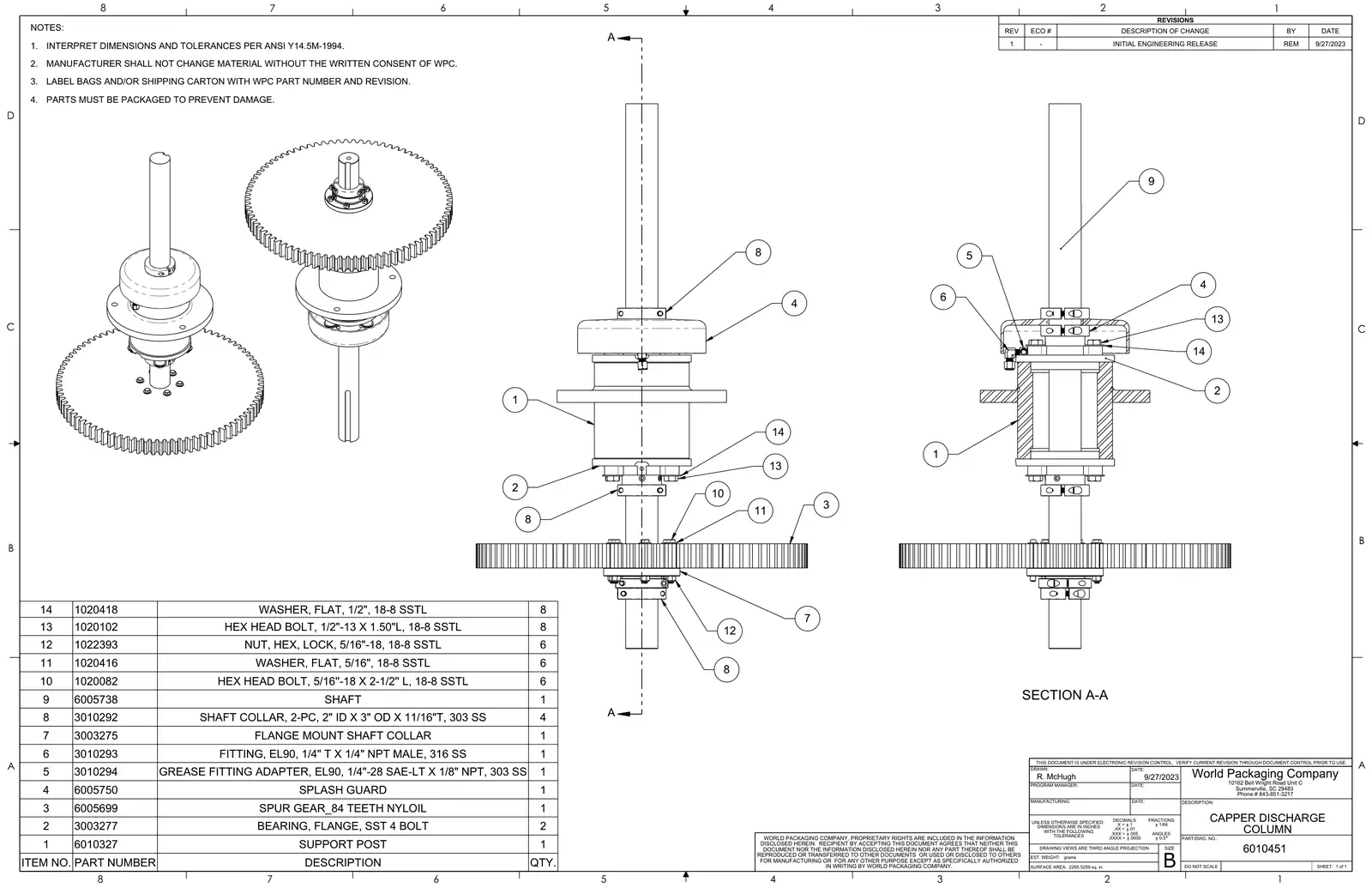 Meyer 52-12 filler capper discharge column drawing