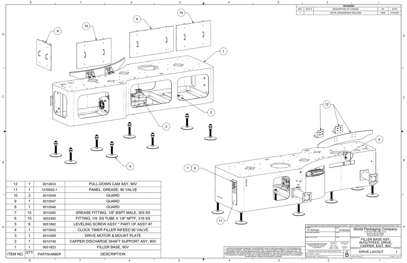 Meyer 90-18 filler filler base assembly, in/outfeed, drive, capper, exit, 90v drawing