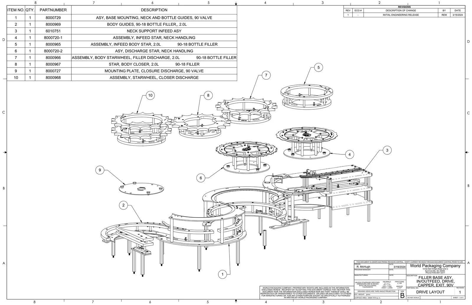 Meyer 90-18 filler filler base assembly, in/outfeed, drive, capper, exit, 90v drawing