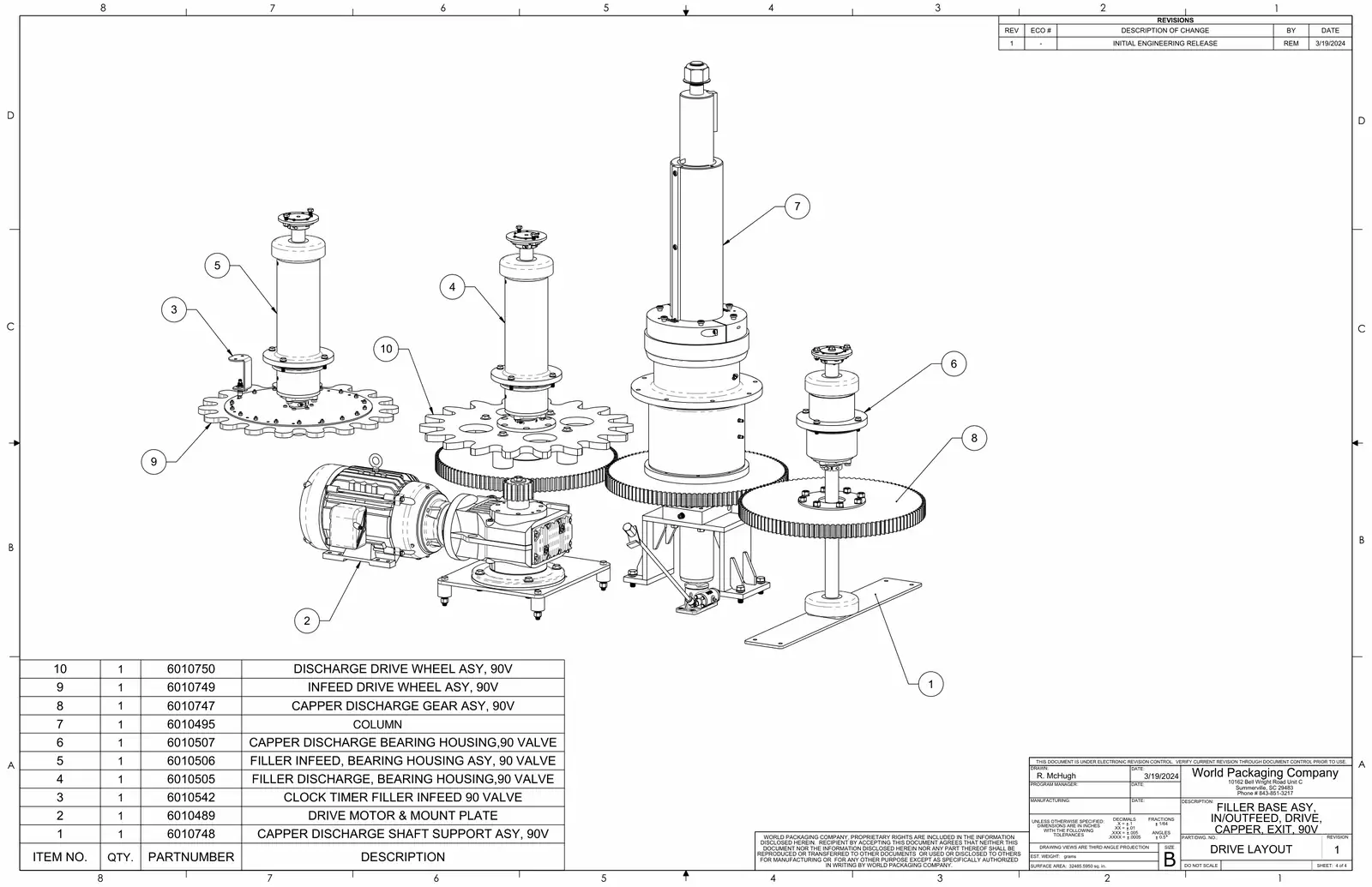 Meyer 90-18 filler filler base assembly, in/outfeed, drive, capper, exit, 90v drawing