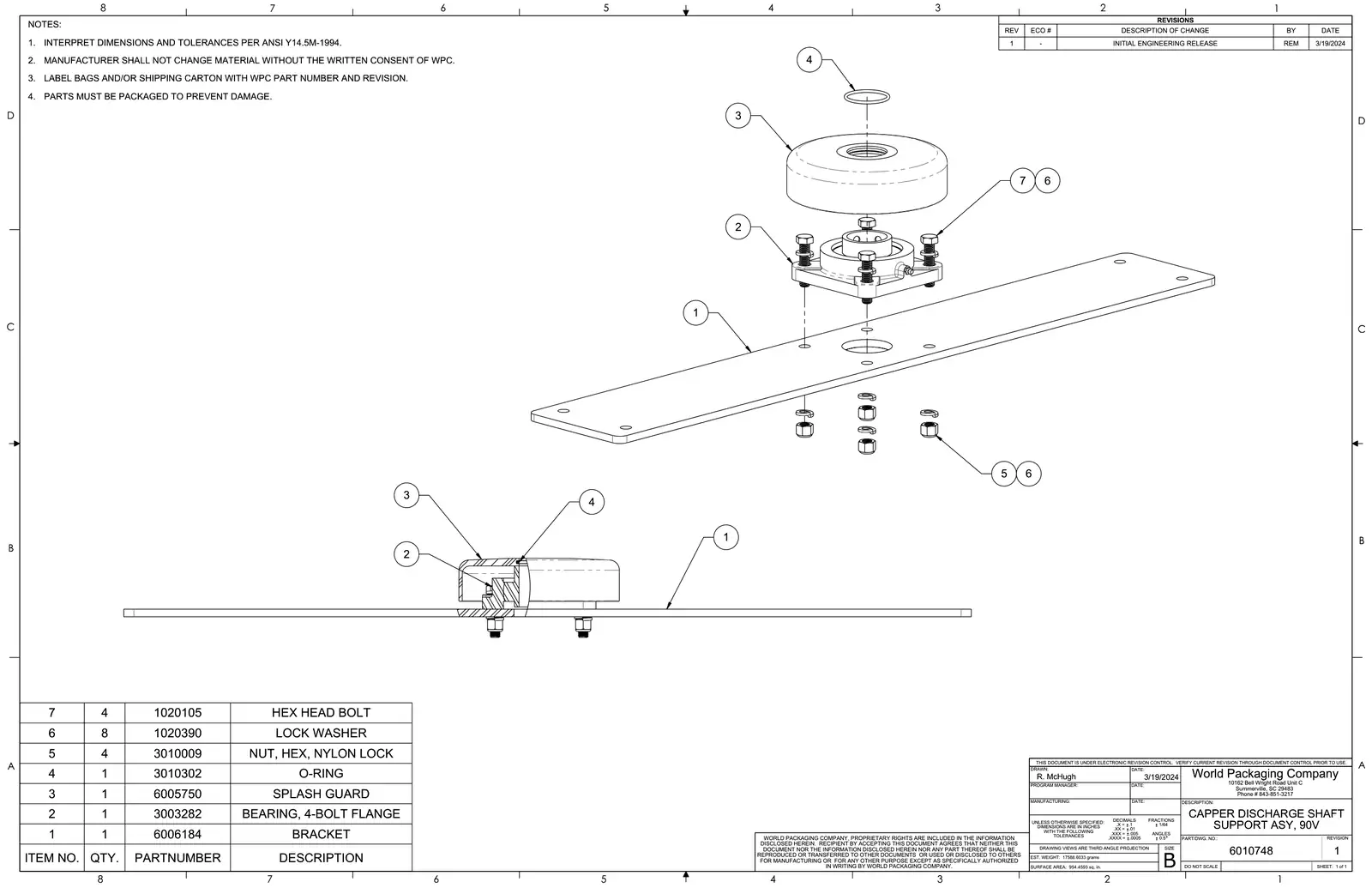 Meyer 90-18 filler capper discharge shaft support assembly, 90v drawing