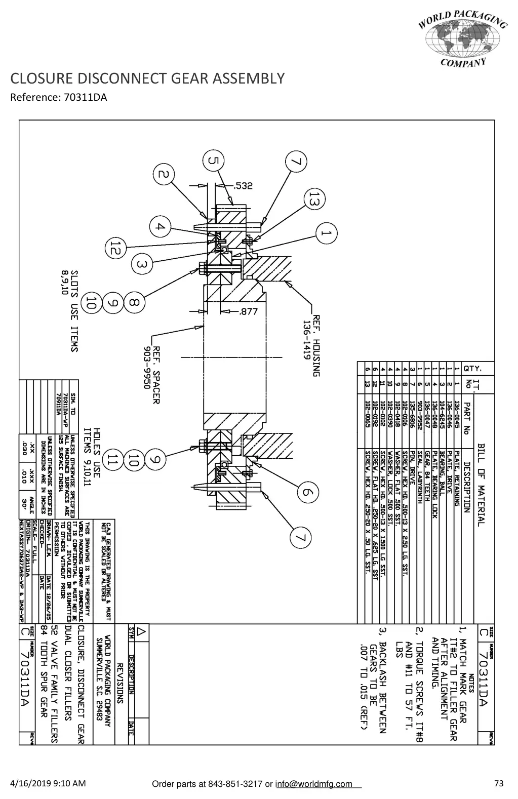 Meyer 52-12 filler closure disconnect gear assembly drawing