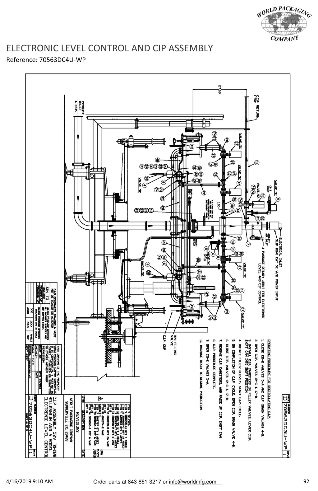 Meyer 52-12 filler electronic level control and cip assembly drawing