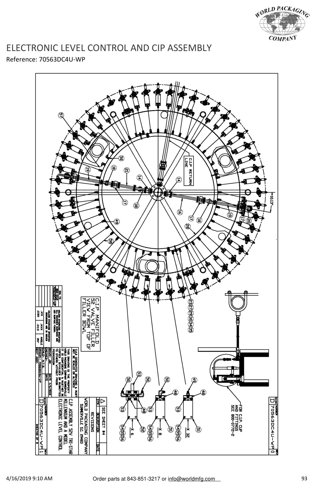 Meyer 52-12 filler electronic level control and cip assembly drawing