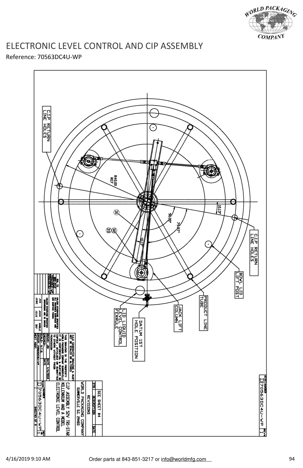 Meyer 52-12 filler electronic level control and cip assembly drawing