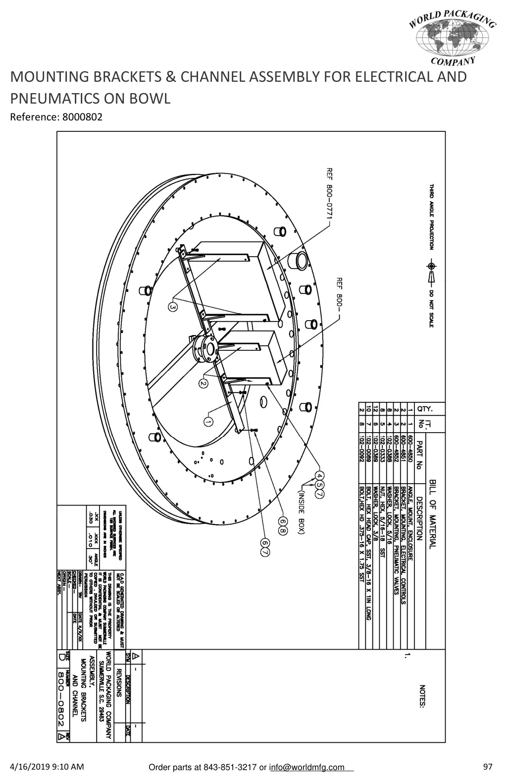 Meyer 52-12 filler mounting brackets & channel assembly for electrical and pneumatics on bowl drawing
