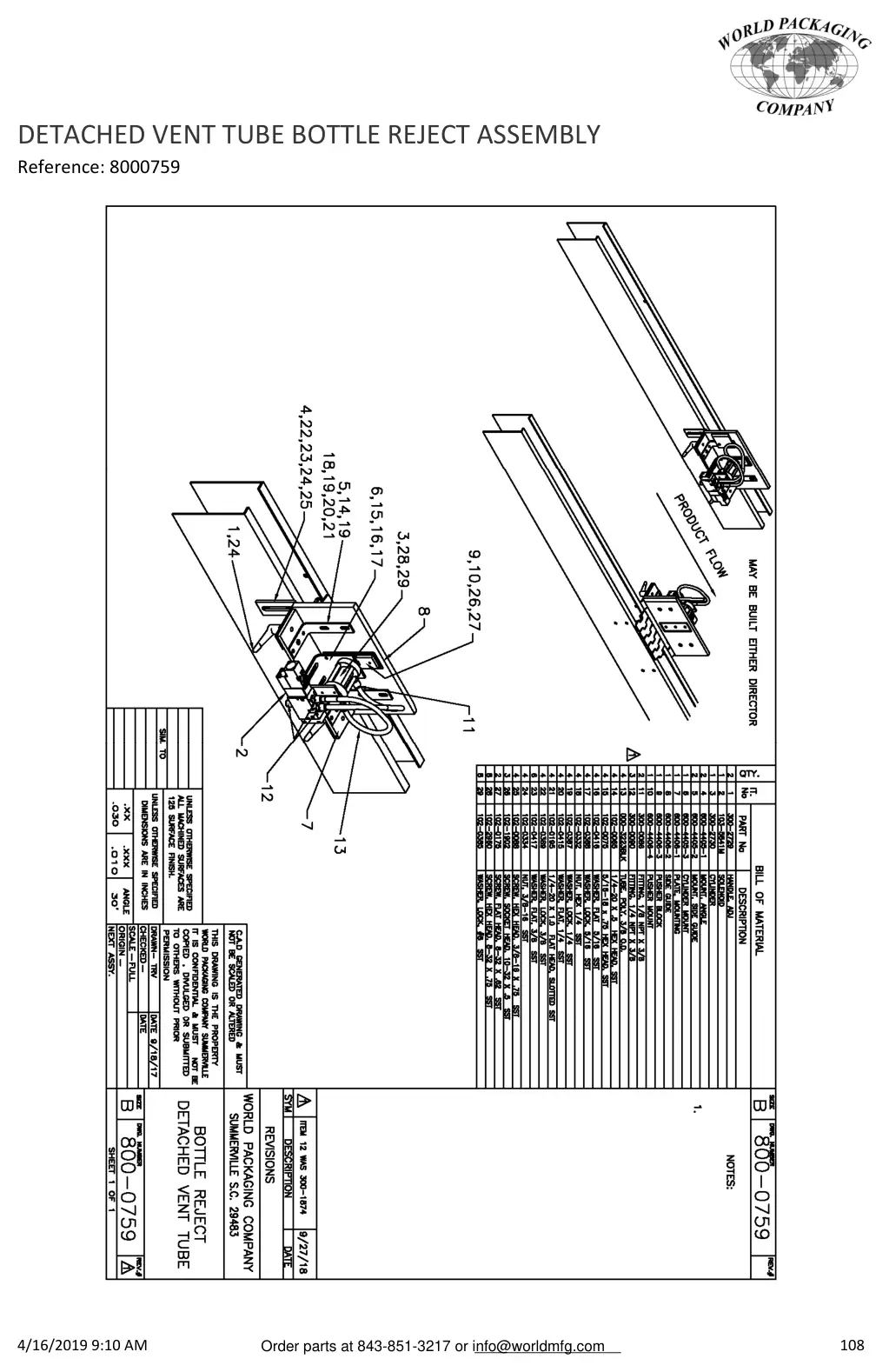 Meyer 52-12 filler detached vent tube bottle reject assembly drawing