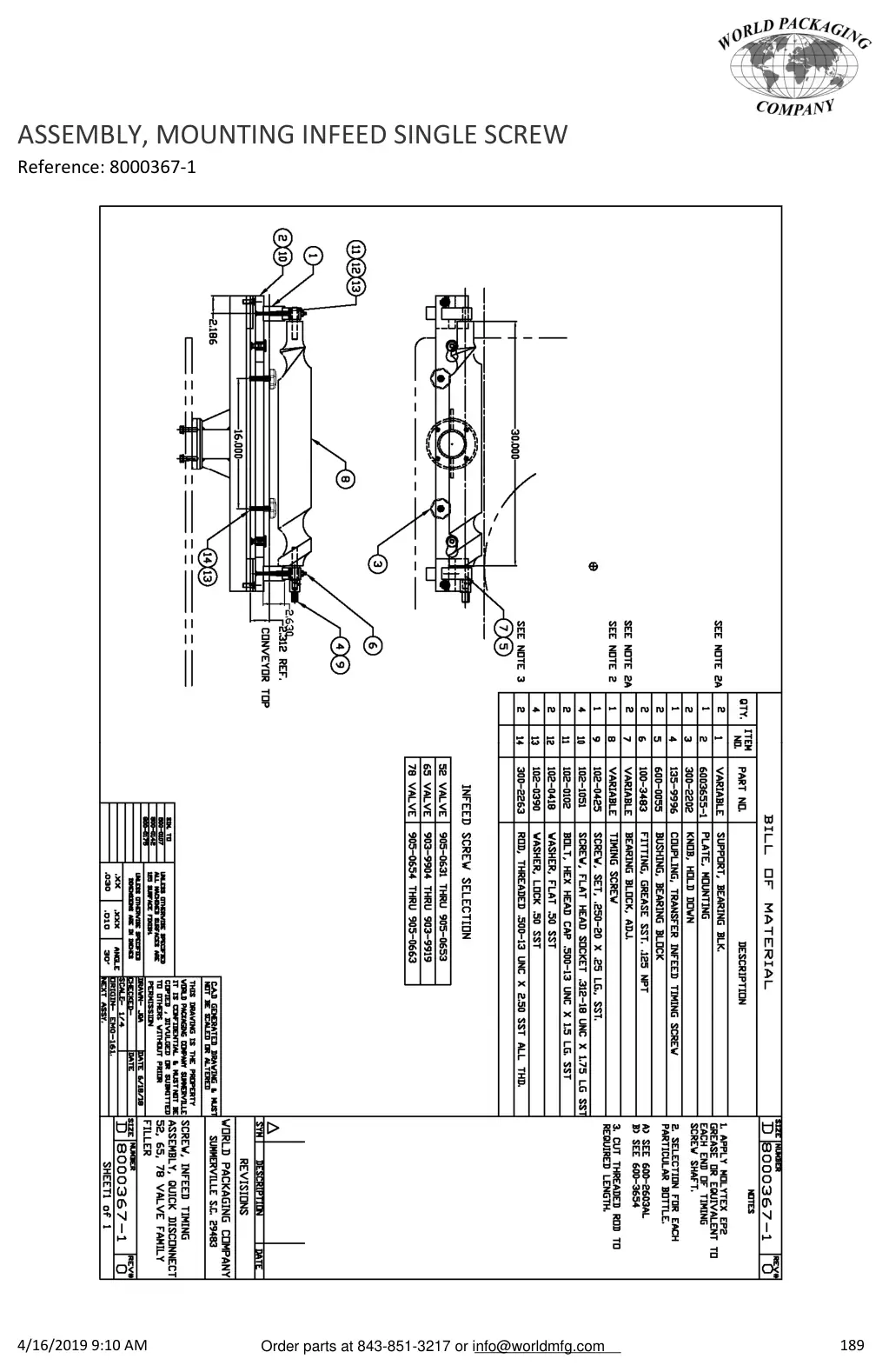Meyer 52-12 filler assembly, mounting infeed single screw drawing